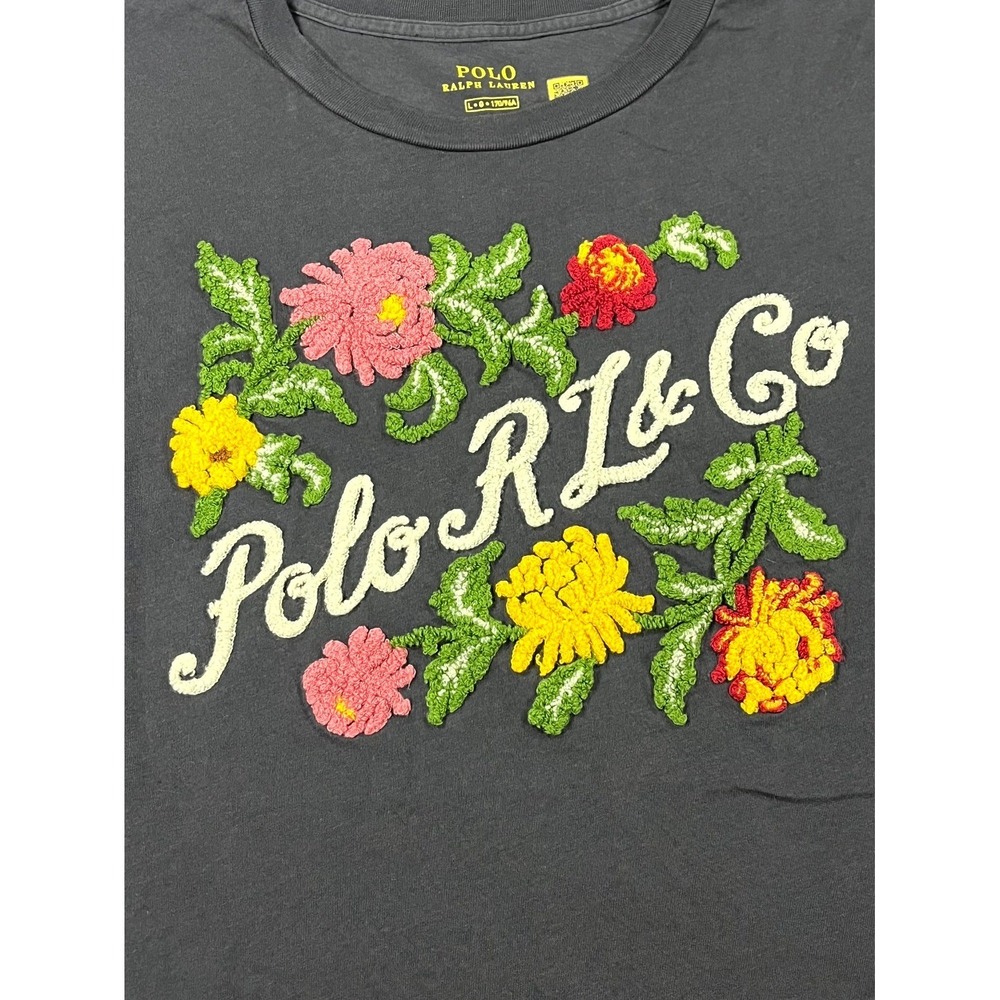 Polo Ralph Lauren T Shirt Womens Large Black Floral Embroidered Relaxed Fit - Picture 3 of 7
